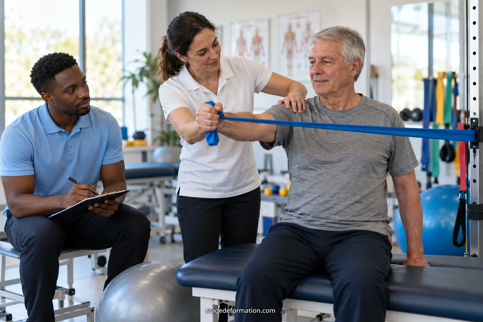 Physiotherapy student guiding a patient through a rehabilitation exercise in the presence of a professional