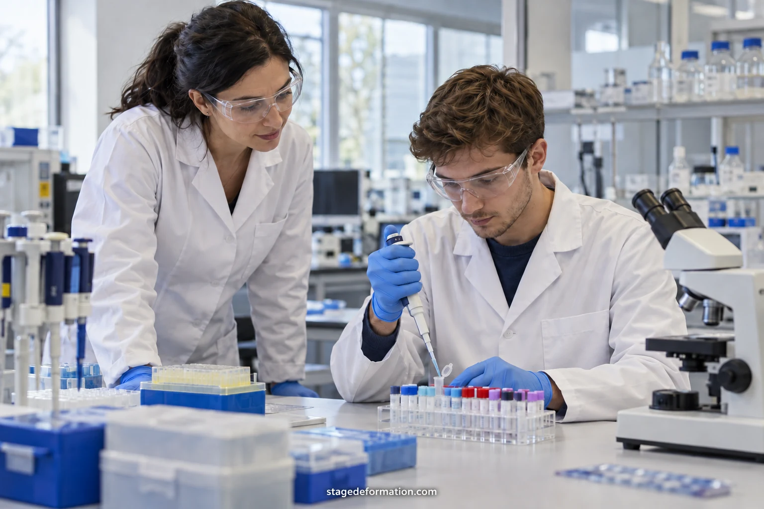 Laboratory technician handling sample tubes in front of a medical analysis analyser