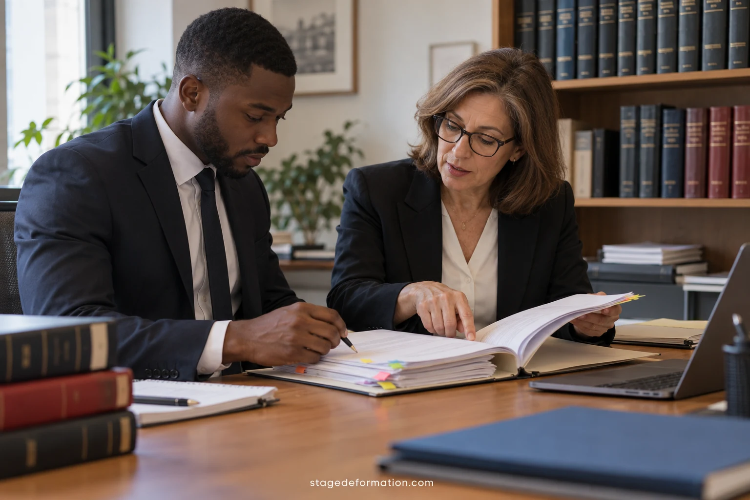 Law student consulting legal codes and case files at a work table in a law firm