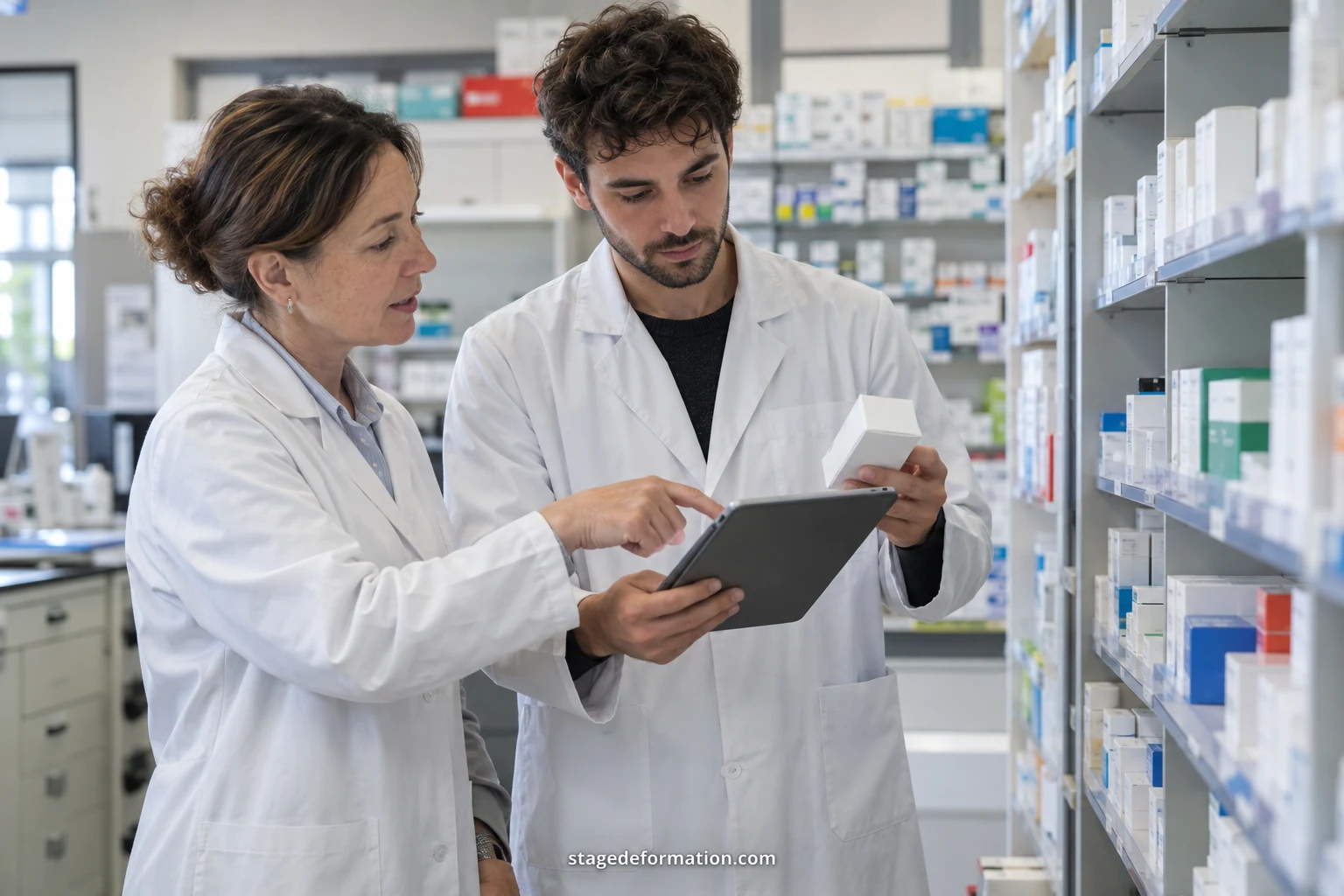 Pharmacy student in a white coat beside the medicine shelves of a community pharmacy with a pharmacist