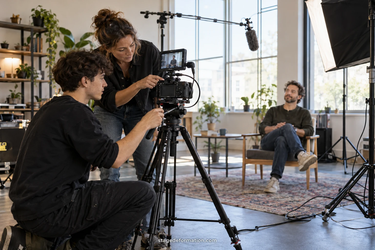 Fotógrafo y ayudante ajustando la iluminación de un estudio antes de una sesión con cámara y reflectores