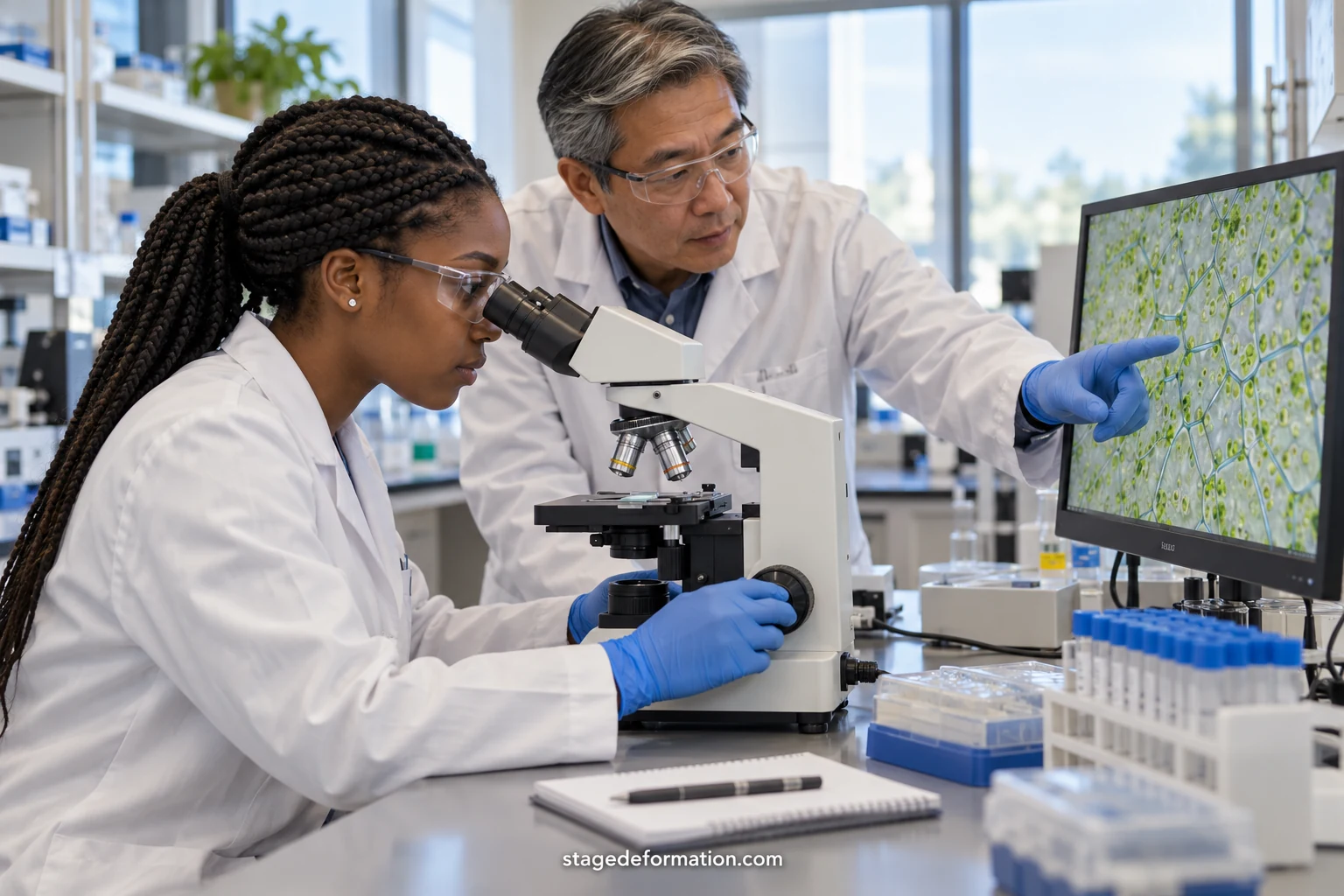 Student in a white lab coat handling samples under the supervision of a researcher in a laboratory