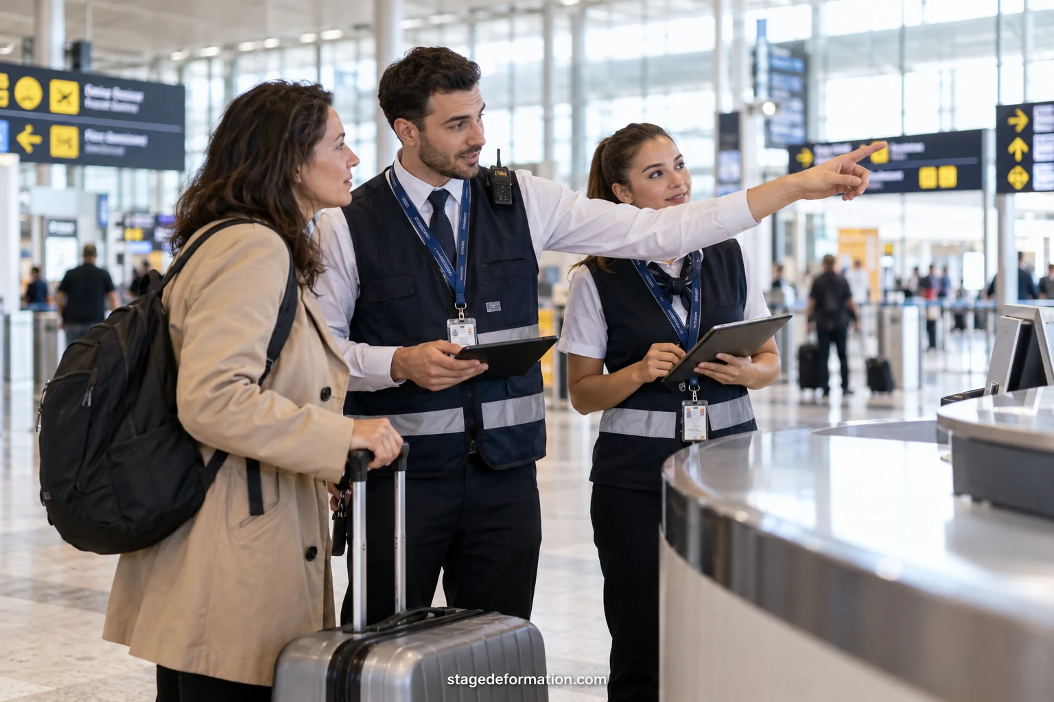 Airport agent in a high-visibility vest helping a traveller at an information desk inside a terminal