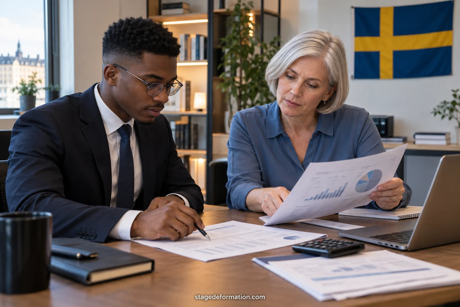 En student analyserar kurvor och finansiella tabeller på två skärmar på ett bankkontor i Stockholm