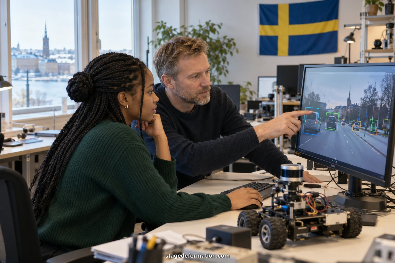 Deux étudiants examinant des images de détection d'objets routiers sur un écran dans un laboratoire d'intelligence artificielle