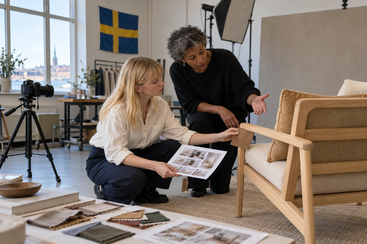 En studerande presenterar en kampanjplansch och produktprover för två kollegor på ett ljust kontor i Stockholm