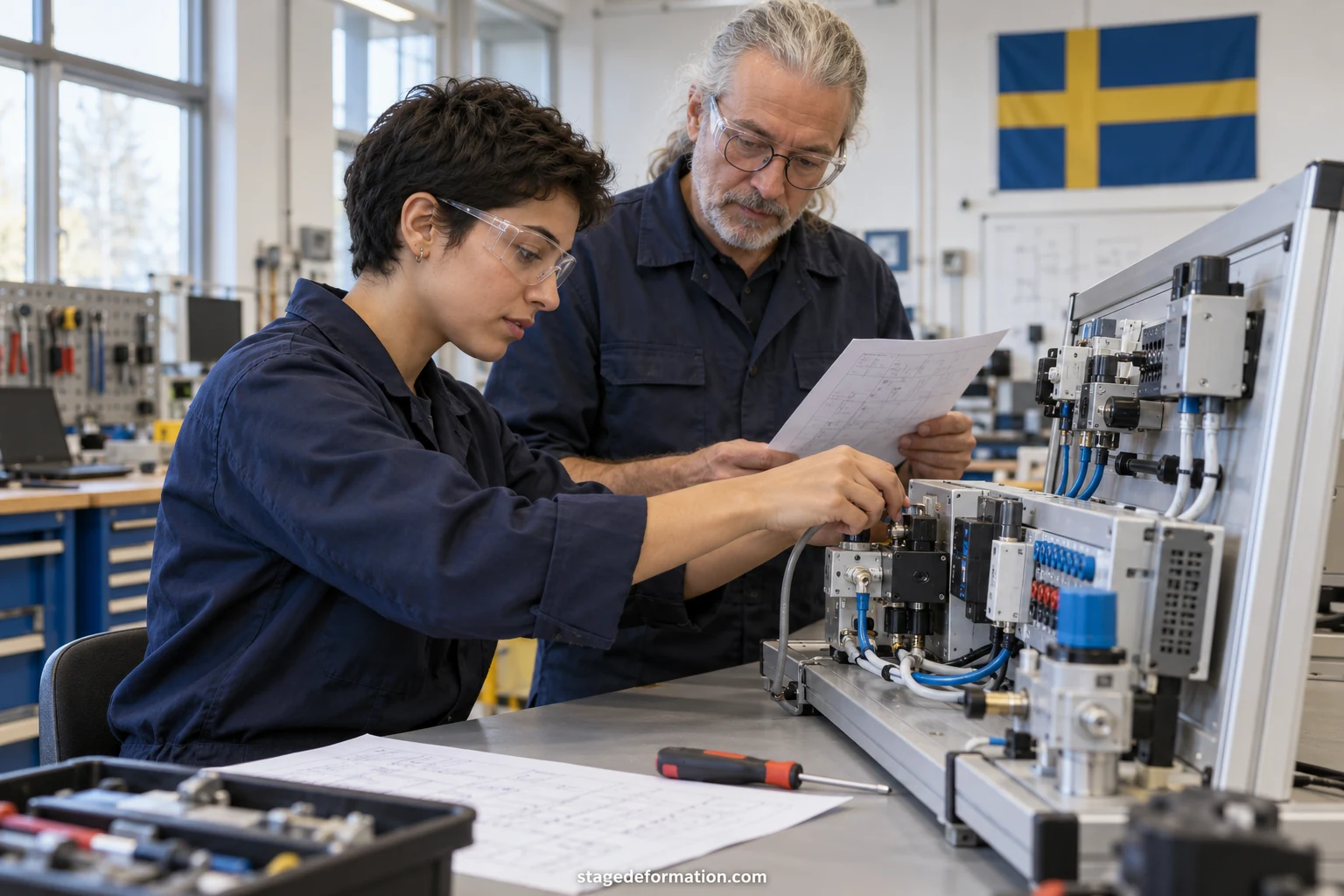 En studerande och en kollega diskuterar ett projekt framför en dator på ett ljust kontor i Sverige