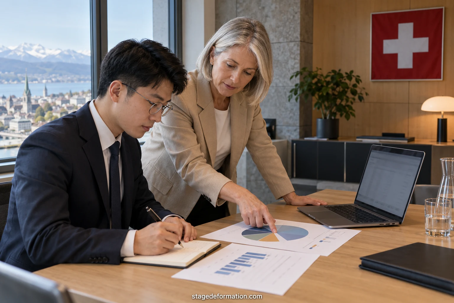 Stagiaire en finance étudiant un graphique de répartition de portefeuille avec son tuteur dans une banque à Zurich