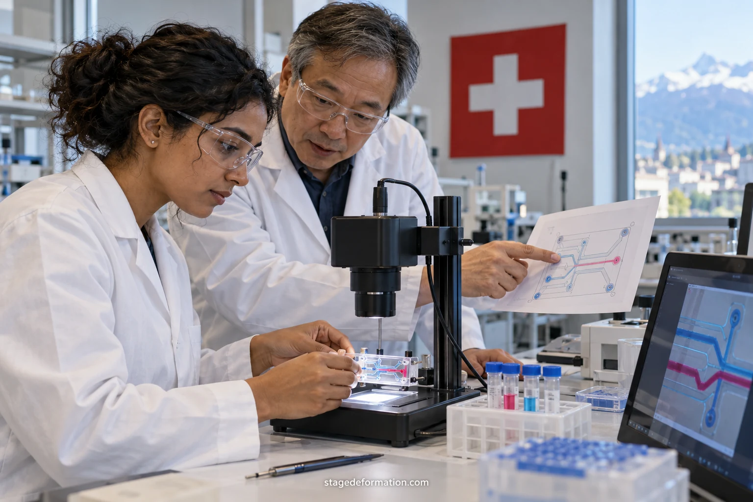 Étudiant ingénieur observant un prototype transparent de microfluidique relié à de fins tuyaux sur un établi de laboratoire