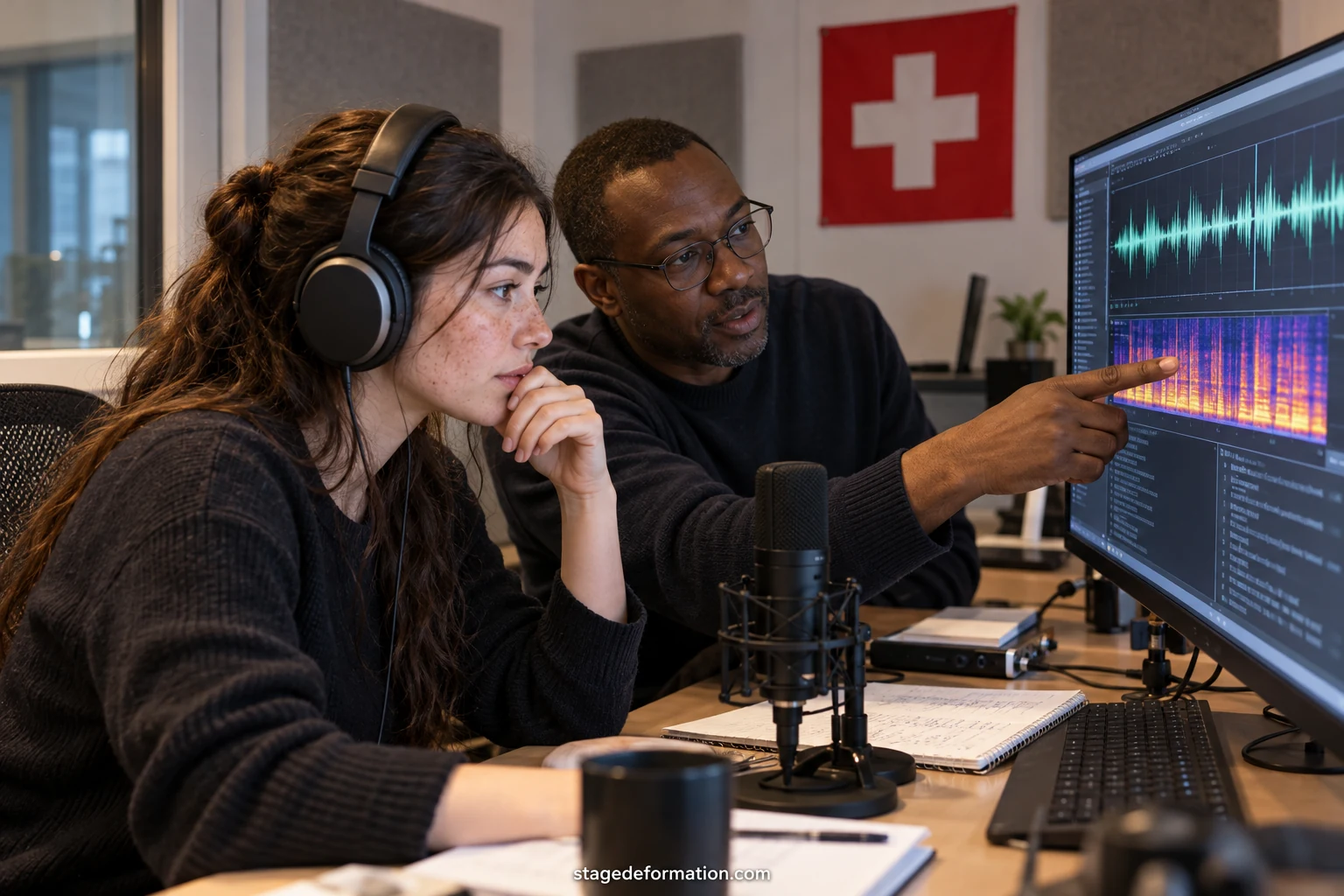 Student vor einem Bildschirm mit einer Sprachaufnahmekurve und Modellergebnissen in einem Informatiklabor