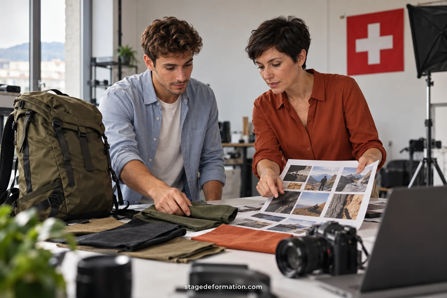 Stagiaire en marketing présentant une série de visuels de produits de randonnée à deux collègues dans un bureau suisse