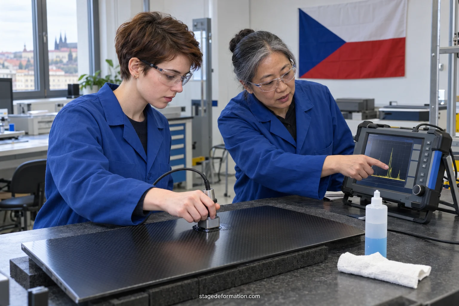 Student inženýrství pozoruje s technikem kontrolu kovového dílu na zkušební stolici v laboratoři