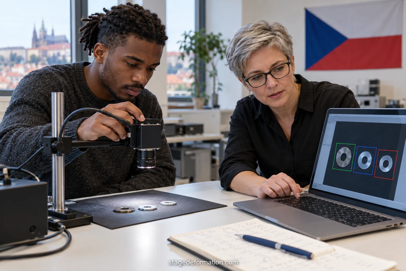 Étudiants devant un écran affichant des images analysées par un programme d'intelligence artificielle