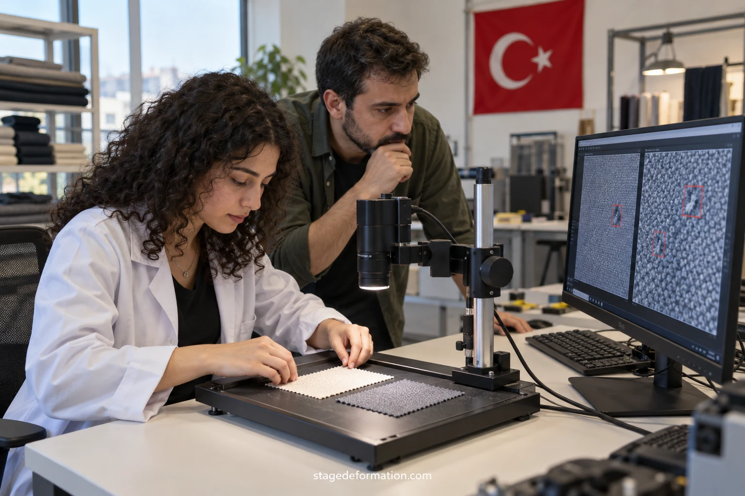 Étudiante devant un écran affichant un modèle de vision par ordinateur analysant un tissu dans un laboratoire universitaire