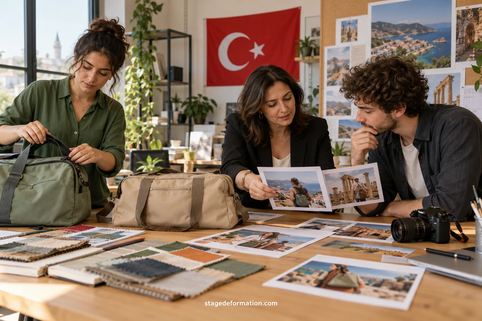 Aydınlık bir çalışma masasında bir seyahat çantası etrafında kampanya brifi hazırlayan iki öğrenci