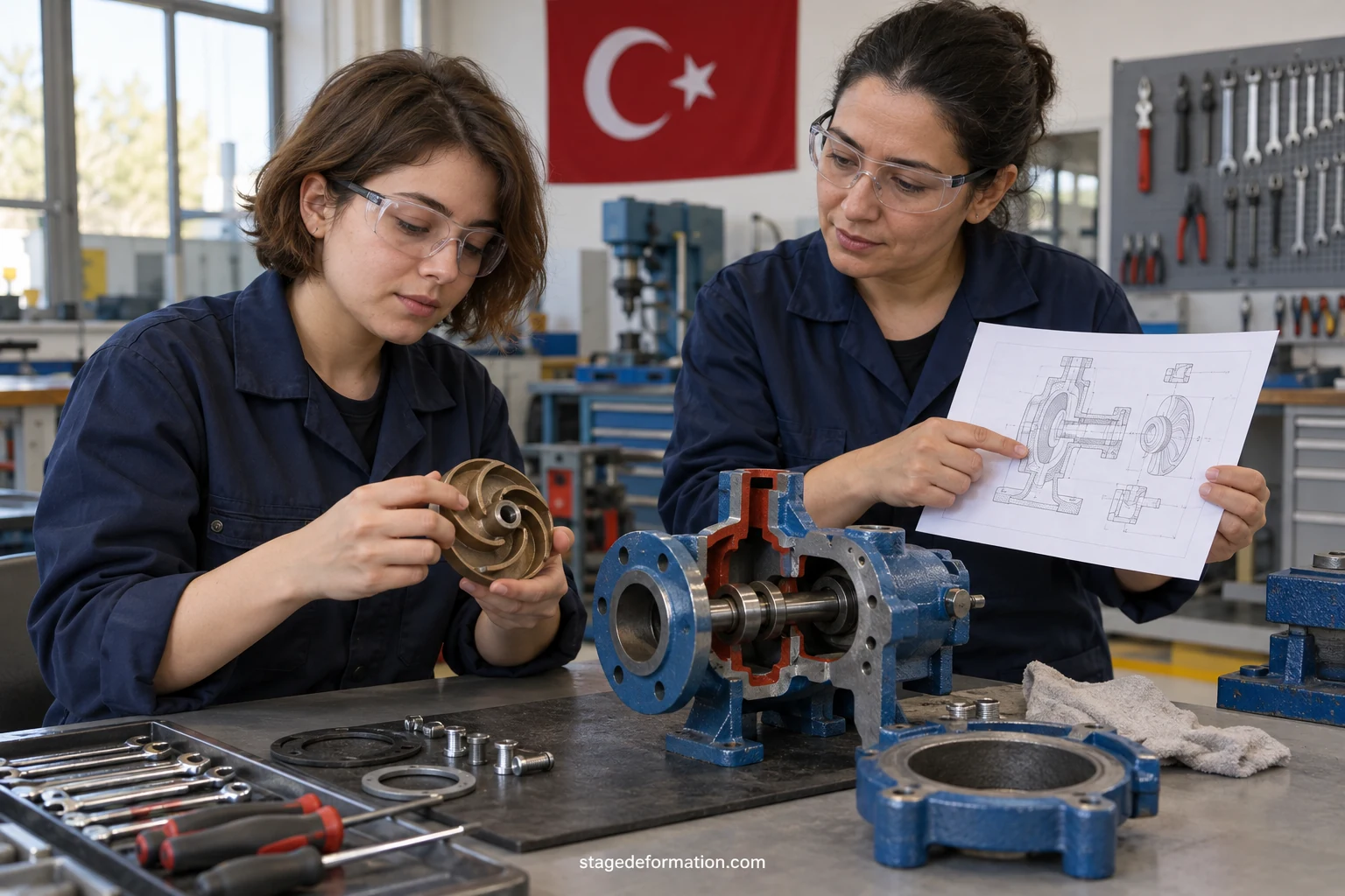 Étudiant stagiaire écoutant les explications d'un tuteur devant une machine dans un atelier industriel en Turquie